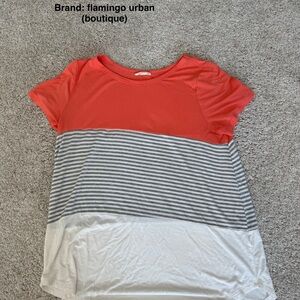 Flamingo Urban Coral, Gray, and White Striped Tee
